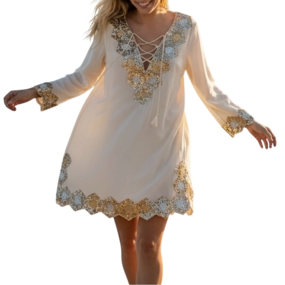 Cream Gold Embellished Boho Tunic Top Sequin Detail Lace-Up Neck Medium — NEW